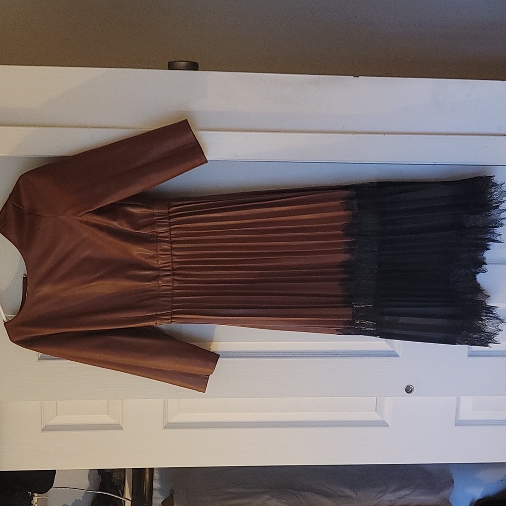 Zara brown vegan leather dress with black lace bottom